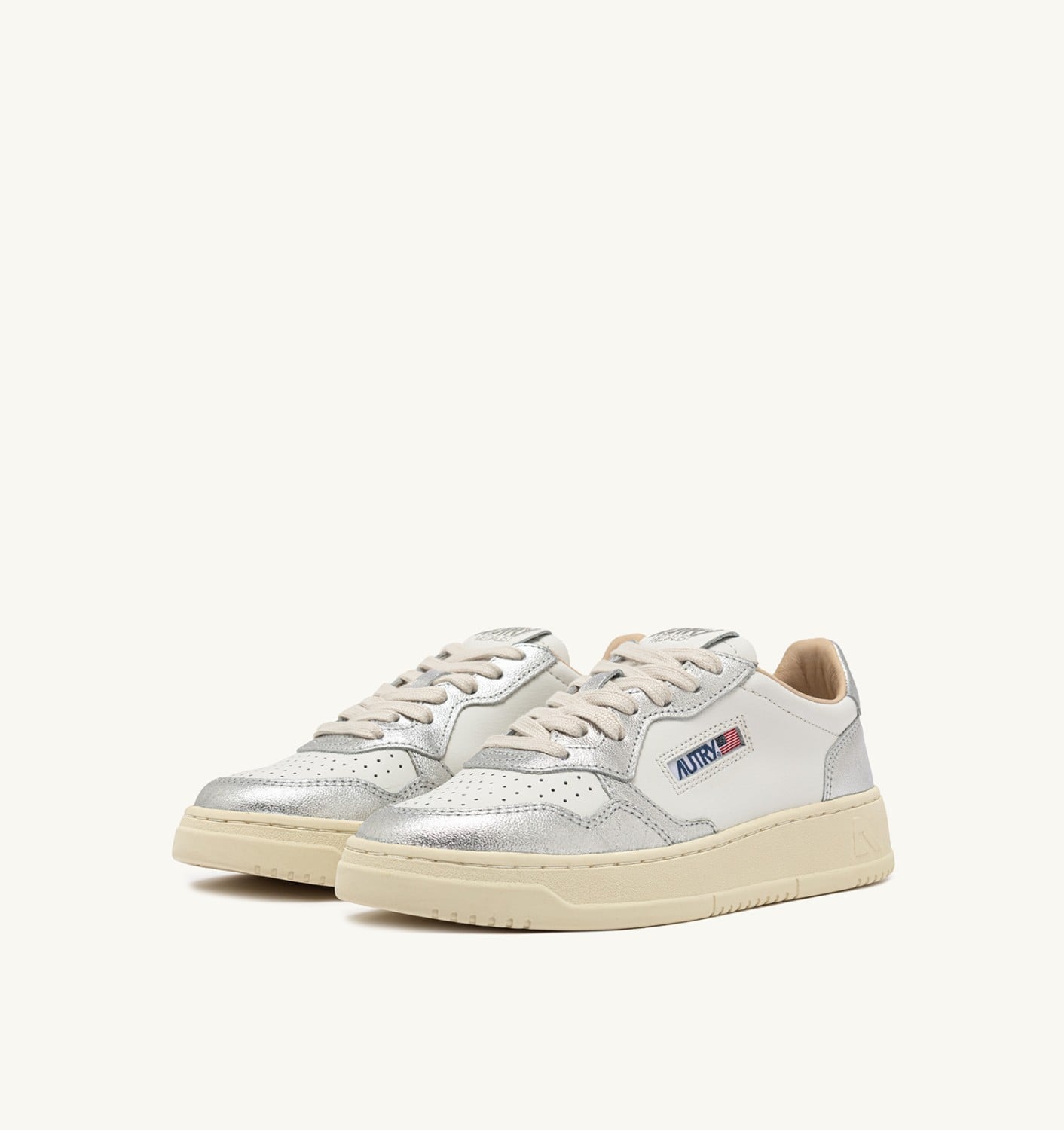 MEDALIST LOW BICOLOR IN PELLE BIANCA E METALLIZZATA ARGENTO