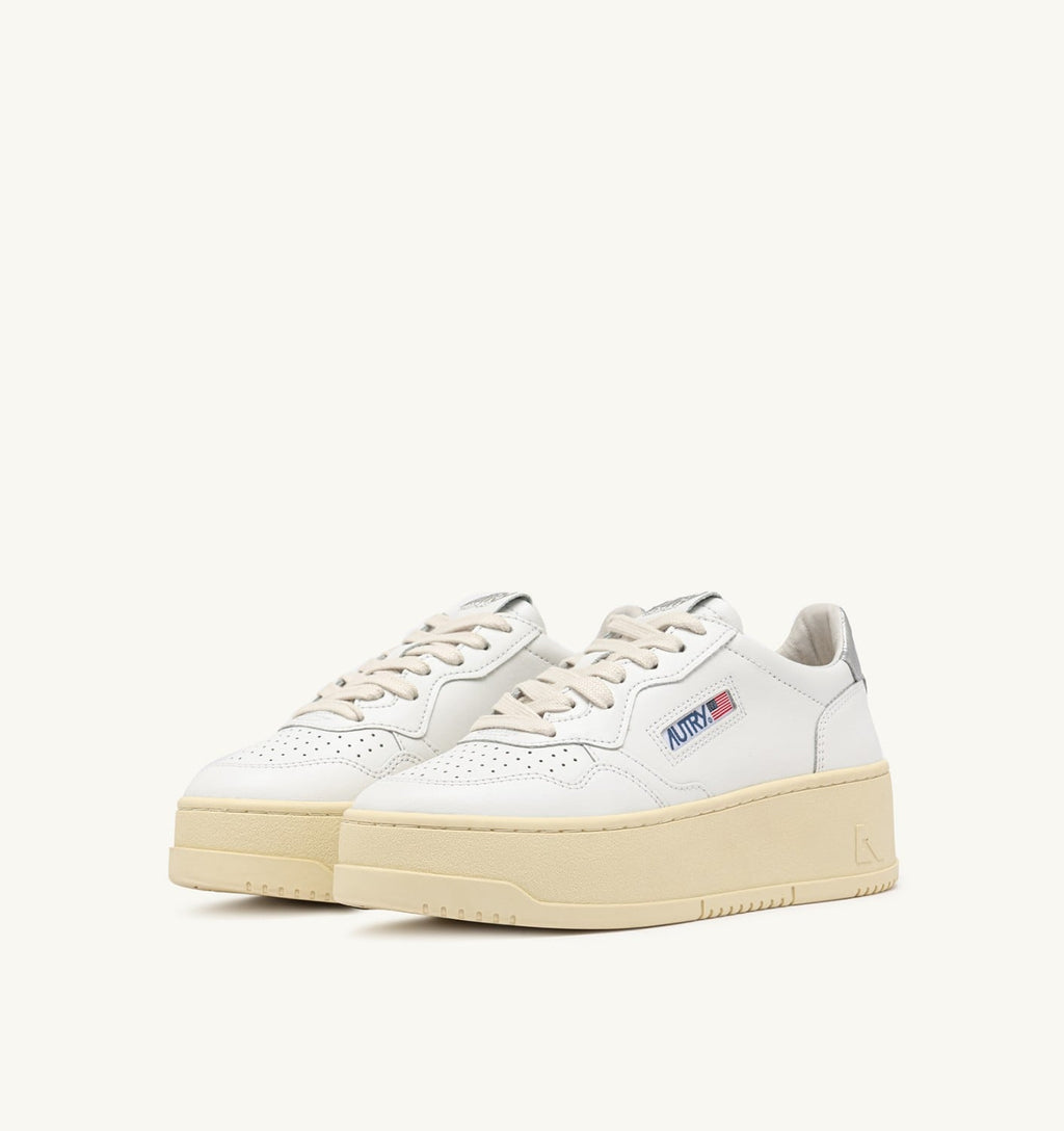 MEDALIST PLATFORM IN PELLE BIANCA E METALLIZZATA ARGENTO