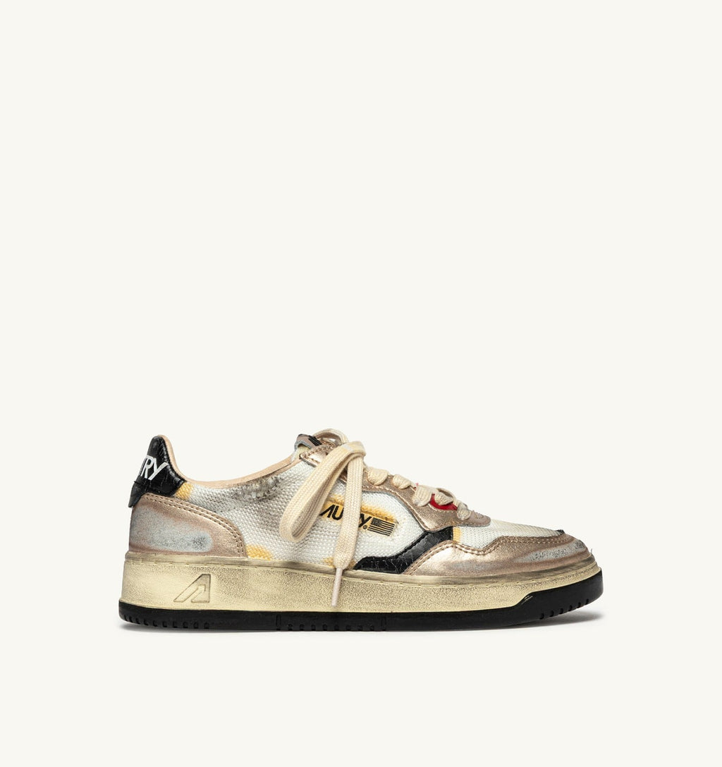 SUPER VINTAGE LOW IN MESH BIANCO, SUEDE ORO E PELLE NERA