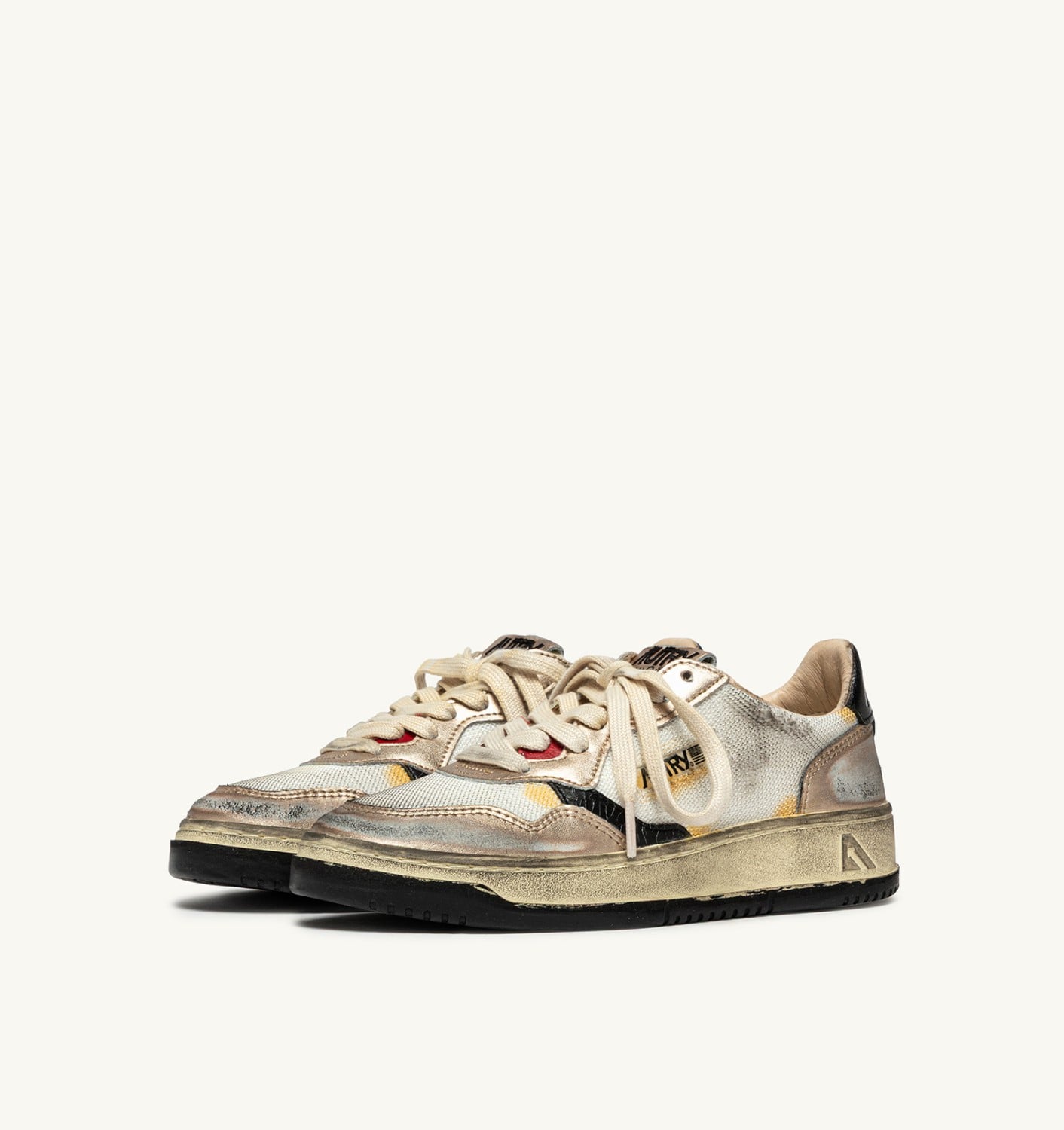 SUPER VINTAGE LOW IN MESH BIANCO, SUEDE ORO E PELLE NERA