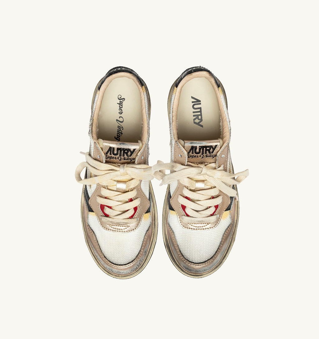 SUPER VINTAGE LOW IN MESH BIANCO, SUEDE ORO E PELLE NERA
