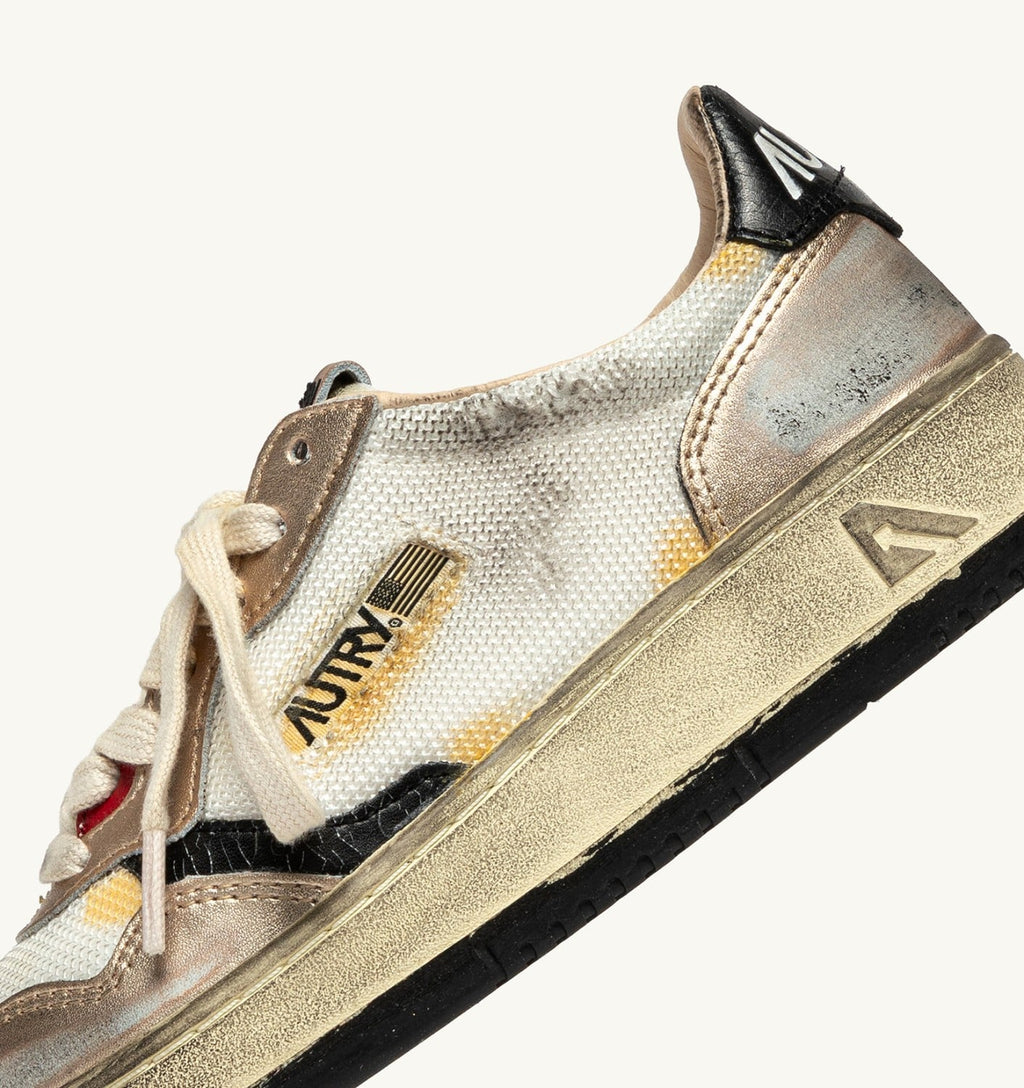 SUPER VINTAGE LOW IN MESH BIANCO, SUEDE ORO E PELLE NERA
